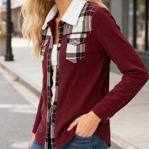 Womens Plaid Shacket Jacket Long Sleeve Button Up Casual Corduroy Jackets Fall Winter Warm Coat in Saudi Arabia