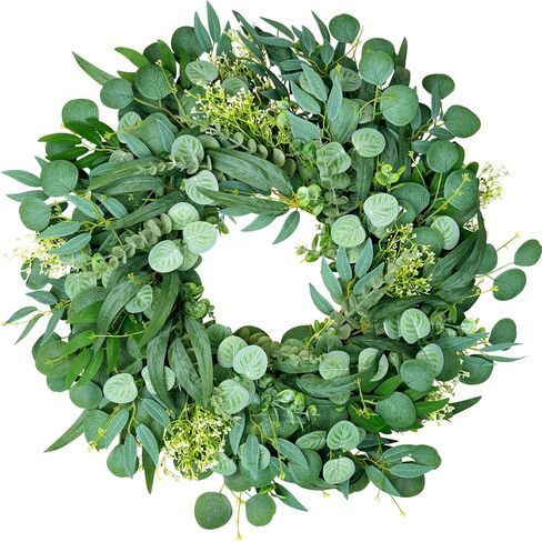 26 Inch Large Wreaths for Front Door, Spring Summer Silk Eucalyptus Wreath for Farmhouse Wall Porch Indoor Outdoor, Handmade Year Round Home Decor with Lambs Ear Willow Leaves Bow in Saudi Arabia