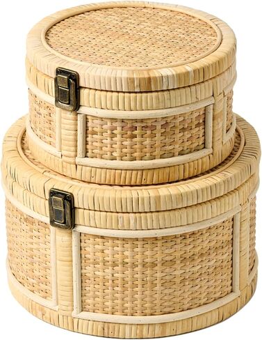 2PCS Rattan Storage Boxes with Lids Wooden Frame Decorative Natural Rattan Round Baskets Set Handmade Woven Wicker Keepsake Memory Jewelry Box Bin Boho Cane Desktop Organizer Container in Saudi Arabia
