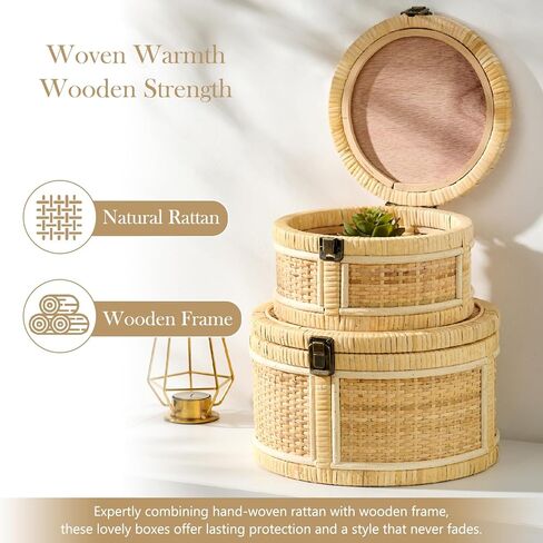 2PCS Rattan Storage Boxes with Lids Wooden Frame Decorative Natural Rattan Round Baskets Set Handmade Woven Wicker Keepsake Memory Jewelry Box Bin Boho Cane Desktop Organizer Container in Saudi Arabia