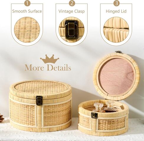 2PCS Rattan Storage Boxes with Lids Wooden Frame Decorative Natural Rattan Round Baskets Set Handmade Woven Wicker Keepsake Memory Jewelry Box Bin Boho Cane Desktop Organizer Container in Saudi Arabia