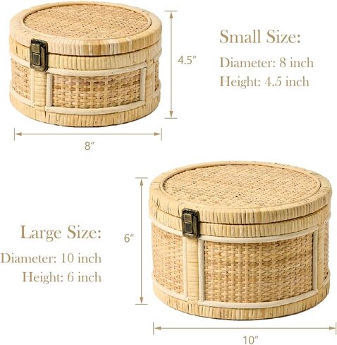 2PCS Rattan Storage Boxes with Lids Wooden Frame Decorative Natural Rattan Round Baskets Set Handmade Woven Wicker Keepsake Memory Jewelry Box Bin Boho Cane Desktop Organizer Container in Saudi Arabia