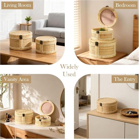 2PCS Rattan Storage Boxes with Lids Wooden Frame Decorative Natural Rattan Round Baskets Set Handmade Woven Wicker Keepsake Memory Jewelry Box Bin Boho Cane Desktop Organizer Container in Saudi Arabia