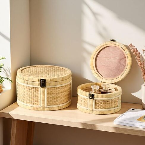 2PCS Rattan Storage Boxes with Lids Wooden Frame Decorative Natural Rattan Round Baskets Set Handmade Woven Wicker Keepsake Memory Jewelry Box Bin Boho Cane Desktop Organizer Container in Saudi Arabia
