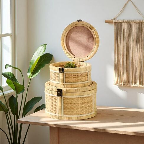 2PCS Rattan Storage Boxes with Lids Wooden Frame Decorative Natural Rattan Round Baskets Set Handmade Woven Wicker Keepsake Memory Jewelry Box Bin Boho Cane Desktop Organizer Container in Saudi Arabia