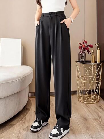 Women's Wide Leg Pants Pleated Trousers Front Button Closure Loose Fit Straight Leg Pants for Office Work Business Casual in Saudi Arabia