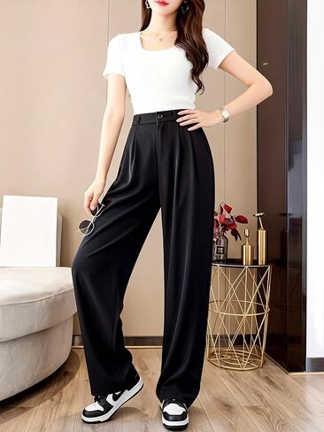 Women's Wide Leg Pants Pleated Trousers Front Button Closure Loose Fit Straight Leg Pants for Office Work Business Casual in Saudi Arabia