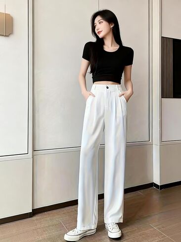 Women's Wide Leg Pants Pleated Trousers Front Button Closure Loose Fit Straight Leg Pants for Office Work Business Casual in Saudi Arabia