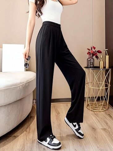 Women's Wide Leg Pants Pleated Trousers Front Button Closure Loose Fit Straight Leg Pants for Office Work Business Casual in Saudi Arabia