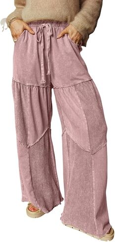 Palazzo Pants for Women Mineral Wash Tiered Drawstring High Waist Casual Wide Leg Lounge Pant with Pockets in Saudi Arabia