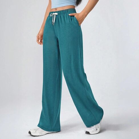 Women's Lounge Pants Solid Color Knit Straight-Leg Trousers Adjustable Waist Soft Casual Pants Side Pocket in Saudi Arabia