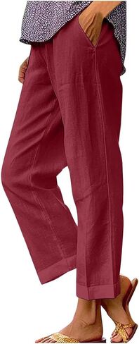 YRAETENM Cotton Linen Pants Women Elastic High Waisted Straight Leg Lounge Pants Casual Slacks Summer Trousers with Pockets in Saudi Arabia