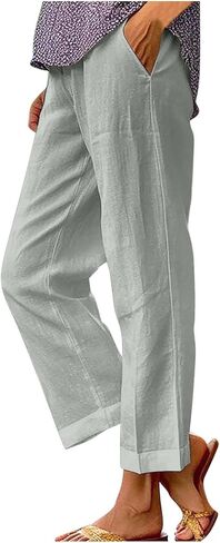 YRAETENM Cotton Linen Pants Women Elastic High Waisted Straight Leg Lounge Pants Casual Slacks Summer Trousers with Pockets in Saudi Arabia