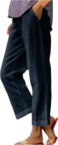 YRAETENM Cotton Linen Pants Women Elastic High Waisted Straight Leg Lounge Pants Casual Slacks Summer Trousers with Pockets in Saudi Arabia