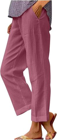 YRAETENM Cotton Linen Pants Women Elastic High Waisted Straight Leg Lounge Pants Casual Slacks Summer Trousers with Pockets in Saudi Arabia