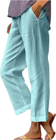 YRAETENM Cotton Linen Pants Women Elastic High Waisted Straight Leg Lounge Pants Casual Slacks Summer Trousers with Pockets in Saudi Arabia
