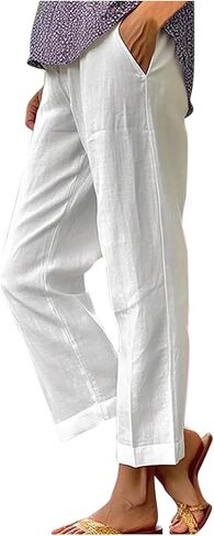 YRAETENM Cotton Linen Pants Women Elastic High Waisted Straight Leg Lounge Pants Casual Slacks Summer Trousers with Pockets in Saudi Arabia