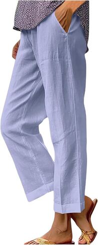 YRAETENM Cotton Linen Pants Women Elastic High Waisted Straight Leg Lounge Pants Casual Slacks Summer Trousers with Pockets in Saudi Arabia