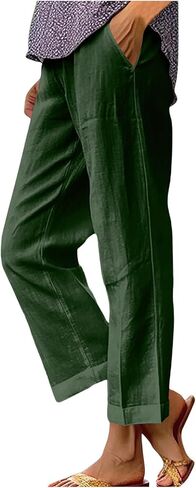 YRAETENM Cotton Linen Pants Women Elastic High Waisted Straight Leg Lounge Pants Casual Slacks Summer Trousers with Pockets in Saudi Arabia