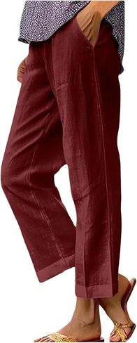 YRAETENM Cotton Linen Pants Women Elastic High Waisted Straight Leg Lounge Pants Casual Slacks Summer Trousers with Pockets in Saudi Arabia