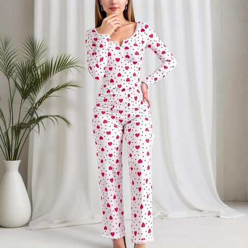 Lounge Sets for Women Pajama Set Ribbed Long Sleeve Shirt and Pants 2 Piece Pj Outfits Soft Sleepwear Printed Loungewear Pink in Saudi Arabia