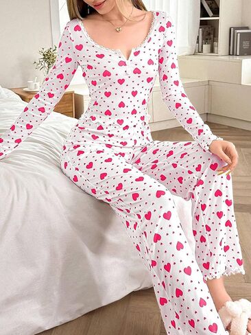 Lounge Sets for Women Pajama Set Ribbed Long Sleeve Shirt and Pants 2 Piece Pj Outfits Soft Sleepwear Printed Loungewear Pink in Saudi Arabia