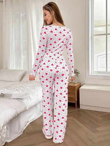 Lounge Sets for Women Pajama Set Ribbed Long Sleeve Shirt and Pants 2 Piece Pj Outfits Soft Sleepwear Printed Loungewear Pink in Saudi Arabia