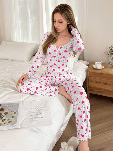 Lounge Sets for Women Pajama Set Ribbed Long Sleeve Shirt and Pants 2 Piece Pj Outfits Soft Sleepwear Printed Loungewear Pink in Saudi Arabia