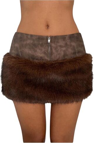 SHENHE Women's Y2k Faux Fur Mini Skirt PU Leather Bodycon Low Rise Fuzzy Micro Skirt Rave Clubwear in Saudi Arabia