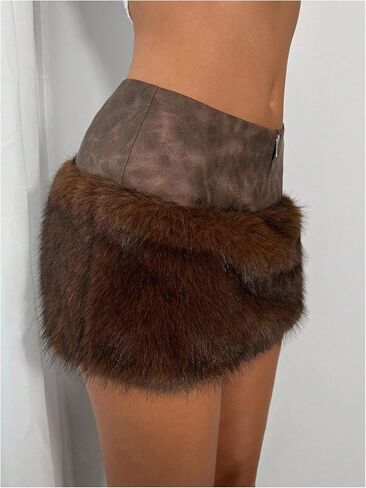 SHENHE Women's Y2k Faux Fur Mini Skirt PU Leather Bodycon Low Rise Fuzzy Micro Skirt Rave Clubwear in Saudi Arabia