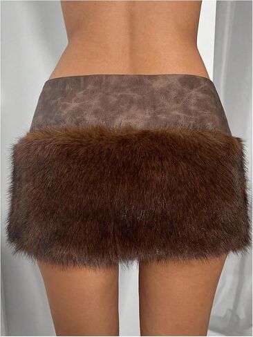 SHENHE Women's Y2k Faux Fur Mini Skirt PU Leather Bodycon Low Rise Fuzzy Micro Skirt Rave Clubwear in Saudi Arabia