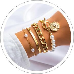Layered Paperclip Gold Pearl Stack Bracelet Set for Woman Chunky Simulated Pearl jewelry in Saudi Arabia