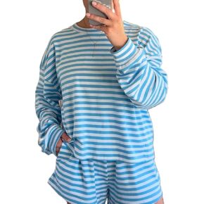 Women Y2K Striped Lounge Set Long Sleeve Oversized Sweatshirt Shorts Color Block 2 Piece Pajama Outfit Sweater Set in Saudi Arabia