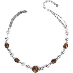 Tiger Eye Choker Necklace For Women Silver Stainless Steel Beaded Cuban Link Chain Layered Brown Glass Stone Trendy Tiger Eye Necklace Handmade Jewelry in Kuwait