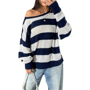 Floerns Women's Striped Boat Neck Loose Sweater Long Sleeve Drop Shoulder Pullover Top in Kuwait