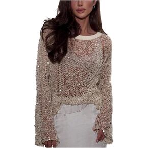 MakeMeChic Women's Sequin Bell Sleeve Crochet Sweater Crew Neck Shiny Y2K Cover Up Tops in Saudi Arabia