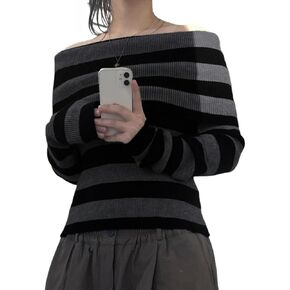 Women Striped Off Shoulder Sweater Y2k Grunge Aesthetic Clothes Vintage Alt Emo Scene Streetwear Punk Goth Knit Tops in Kuwait