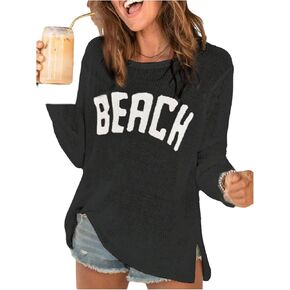 COZYEASE Women's Beach Cover Up Letter Print Long Sleeve Sweater Crew Neck Split Hem Crochet Jumper Top in Kuwait