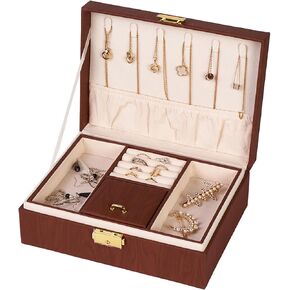 Jewelry Box Organizer for Women Girls Gift, 2 Layer Large Jewelry Storage Case, Vintage Wood PU Leather Display Jewellery Holder with Removable Tray for Necklace (Black walnut wood grain) in Saudi Arabia