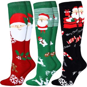 SATINIOR 3 Pairs Fun Christmas Cotton Socks Striped Knee High for Women Girl Holiday Compression Candy Santa Claus Reindeer Gingerbread Man Colorful Funny Xmas Tube Novelty Multicolor in Saudi Arabia