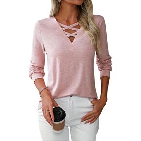 WDIRARA Women's Criss Cross V Neck T Shirts Long Sleeve Tees Casual Tops in Saudi Arabia