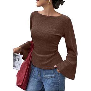 SHENHE Women's Boat Neck Bell Long Sleeve Shirt Ribbed Knit Fall Going Out Top Casual Tee in Saudi Arabia