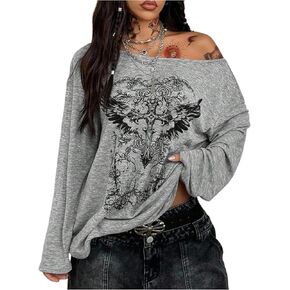WDIRARA Women's Graphic Off The Shoulder Tops Grunge Goth Long Sleeve T Shirts Loose Tops Streetwear in Saudi Arabia