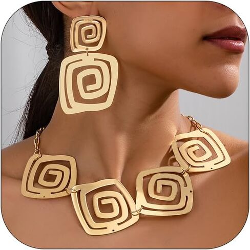 Chunky Gold Choker Necklace Earrings Set Gold Geometric Texture Oval Collarbone Necklace Earrings African Statement Jewelry Set For Women in Saudi Arabia