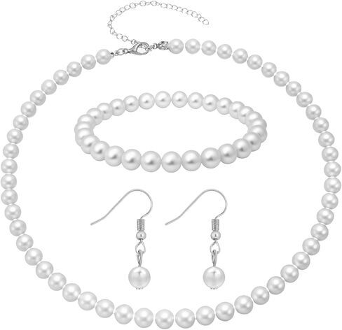 Pearl Necklace and Earring Set, Faux Pearl Jewelry Necklaces for Women Imitation Pearls Necklace Earring Jewelry 3 Set for Women Men Wedding Birthday Valentine Christmas Day Gifts in Saudi Arabia