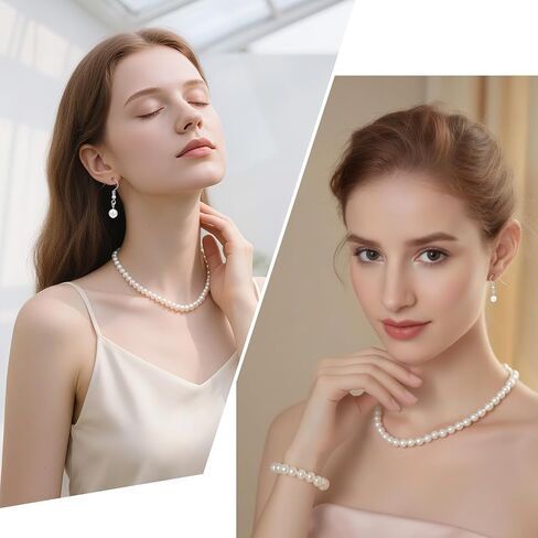 Pearl Necklace and Earring Set, Faux Pearl Jewelry Necklaces for Women Imitation Pearls Necklace Earring Jewelry 3 Set for Women Men Wedding Birthday Valentine Christmas Day Gifts in Saudi Arabia