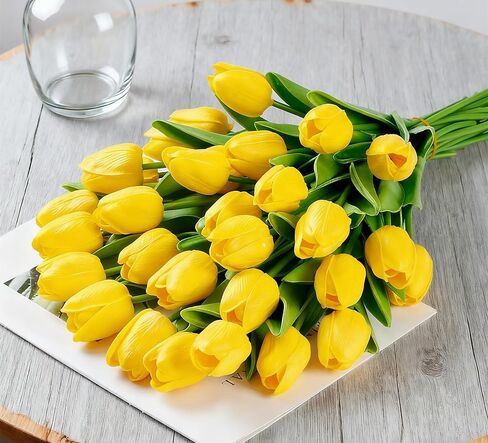 Yellow Faux Tulips Real Touch (20 Pcs) - 13.5 Inch Premium PU Artificial Flowers for Valentine's Day, Spring & Easter Home Decor, Wedding Bouquet in Saudi Arabia