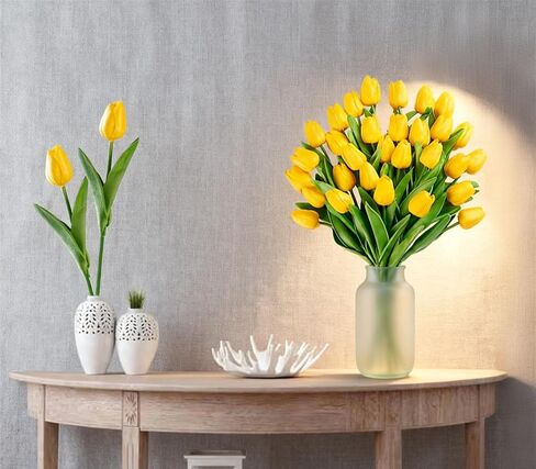 Yellow Faux Tulips Real Touch (20 Pcs) - 13.5 Inch Premium PU Artificial Flowers for Valentine's Day, Spring & Easter Home Decor, Wedding Bouquet in Saudi Arabia