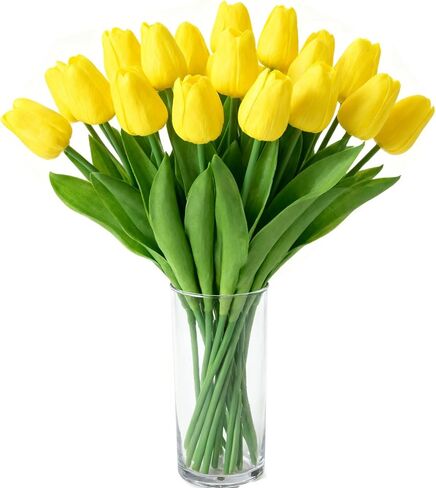 Yellow Faux Tulips Real Touch (20 Pcs) - 13.5 Inch Premium PU Artificial Flowers for Valentine's Day, Spring & Easter Home Decor, Wedding Bouquet in Saudi Arabia