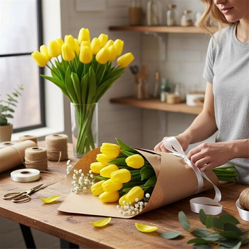 Yellow Faux Tulips Real Touch (20 Pcs) - 13.5 Inch Premium PU Artificial Flowers for Valentine's Day, Spring & Easter Home Decor, Wedding Bouquet in Saudi Arabia